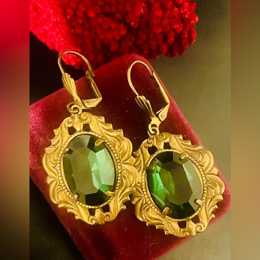 Art Deco Style Brass and Emerald Green Earrings